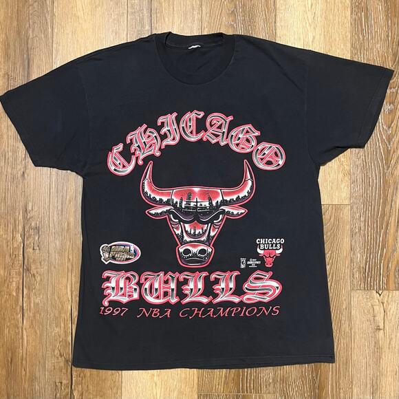 VTG Chicago Bulls 1997 NBA Champions T Shirt Mens XL RARE Changes Sports Black - Picture 1 of 6